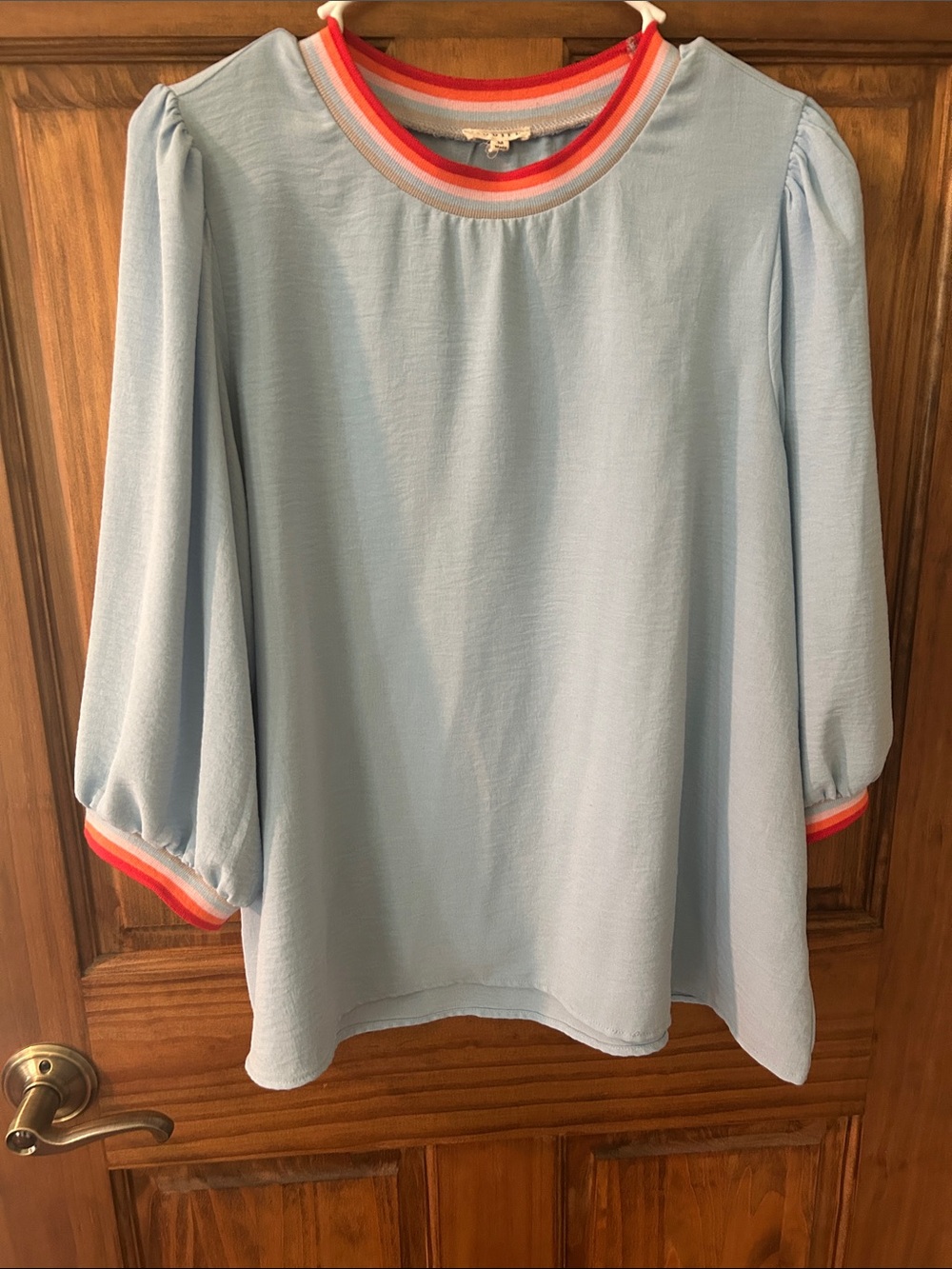 Light Blue Puff-Sleeve Top with Stripe Trim
